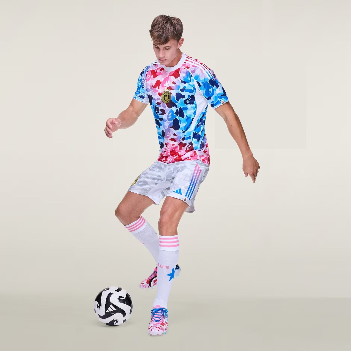 BAPE JERSEY TOP - CLASSIC CAMO PATTERN WITH BAPE AND ADIDAS LOGOS - SHOCK BLUE