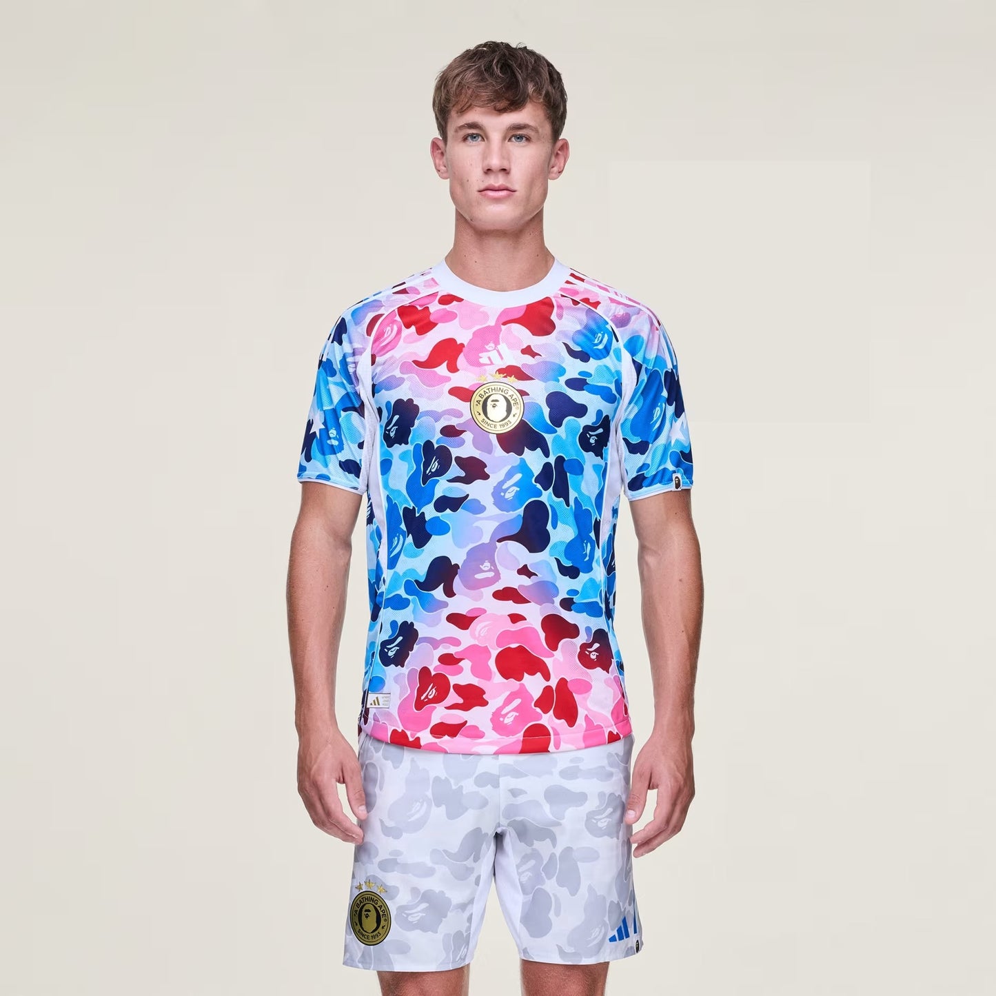 BAPE JERSEY TOP - CLASSIC CAMO PATTERN WITH BAPE AND ADIDAS LOGOS - SHOCK BLUE