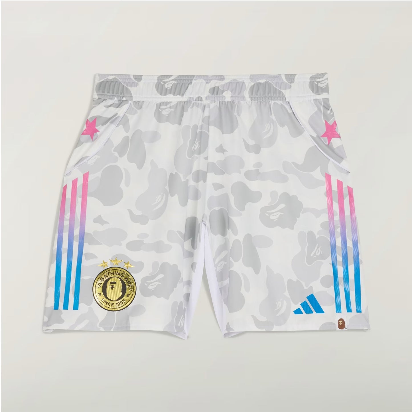 BAPE X ADIDAS SOCCER SHORTS - BAPE ABC CAMO (GREY/WHITE VARIANT)