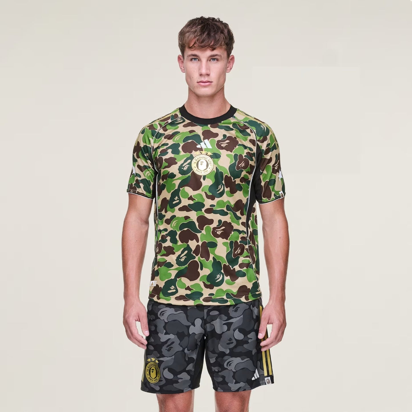 BAPE JERSEY TOP - CLASSIC CAMO PATTERN WITH BAPE AND ADIDAS LOGOS - CREW GREEN