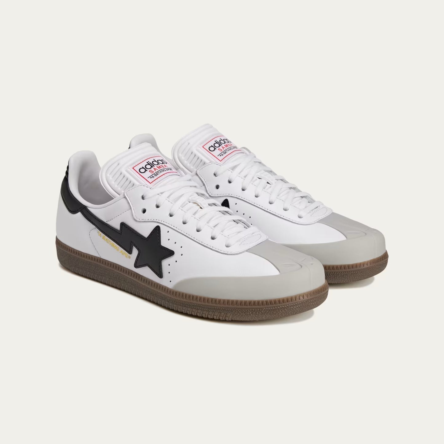 SAMBA BAPE SHOES - WHITE LEATHER WITH BOLD STAR LOGO AND GUM SOLE
