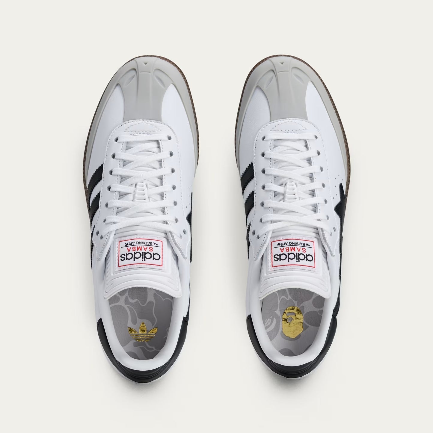 SAMBA BAPE SHOES - WHITE LEATHER WITH BOLD STAR LOGO AND GUM SOLE