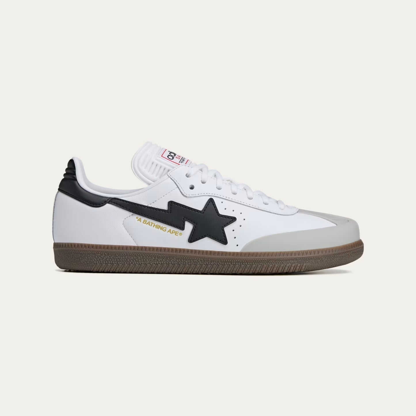 SAMBA BAPE SHOES - WHITE LEATHER WITH BOLD STAR LOGO AND GUM SOLE