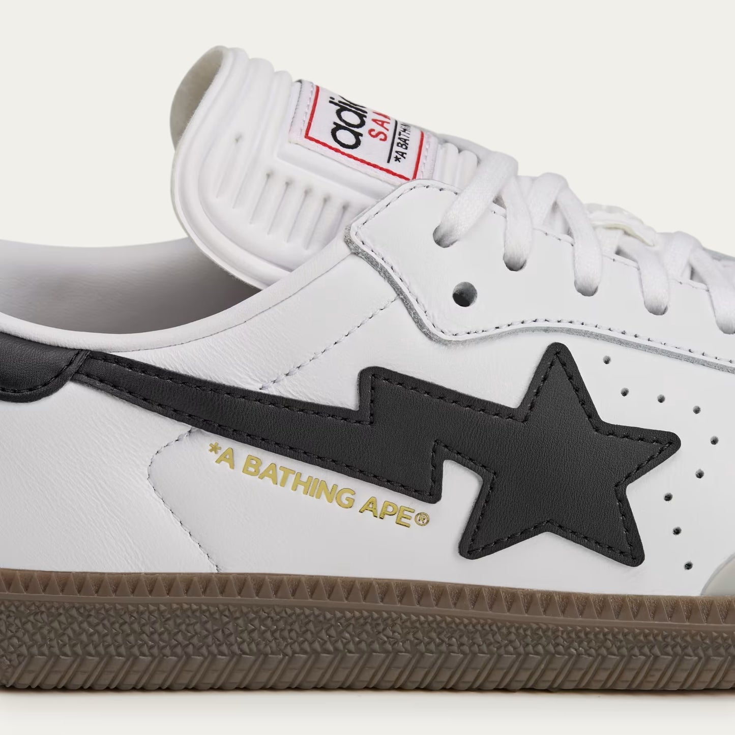 SAMBA BAPE SHOES - WHITE LEATHER WITH BOLD STAR LOGO AND GUM SOLE