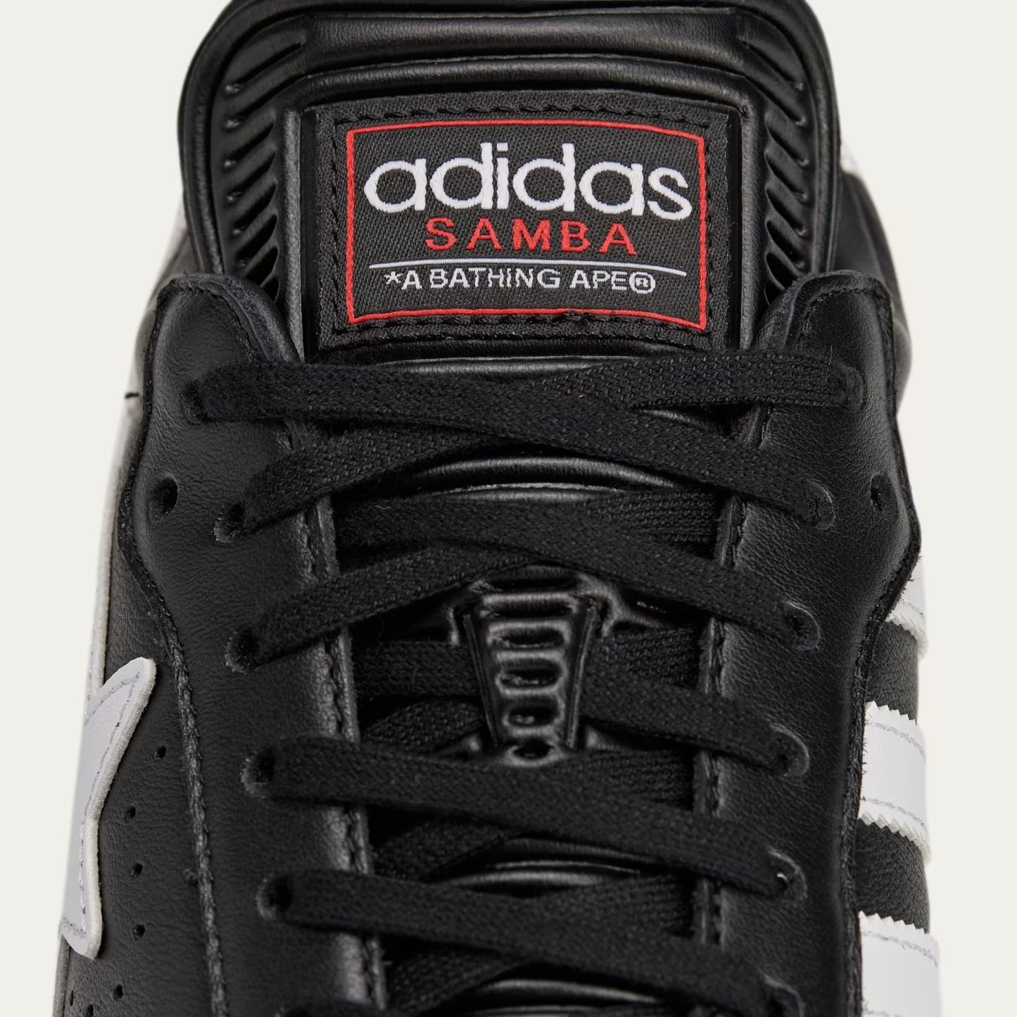 SAMBA BAPE SHOES - BLACK LEATHER WITH BOLD STAR LOGO AND GUM SOLE