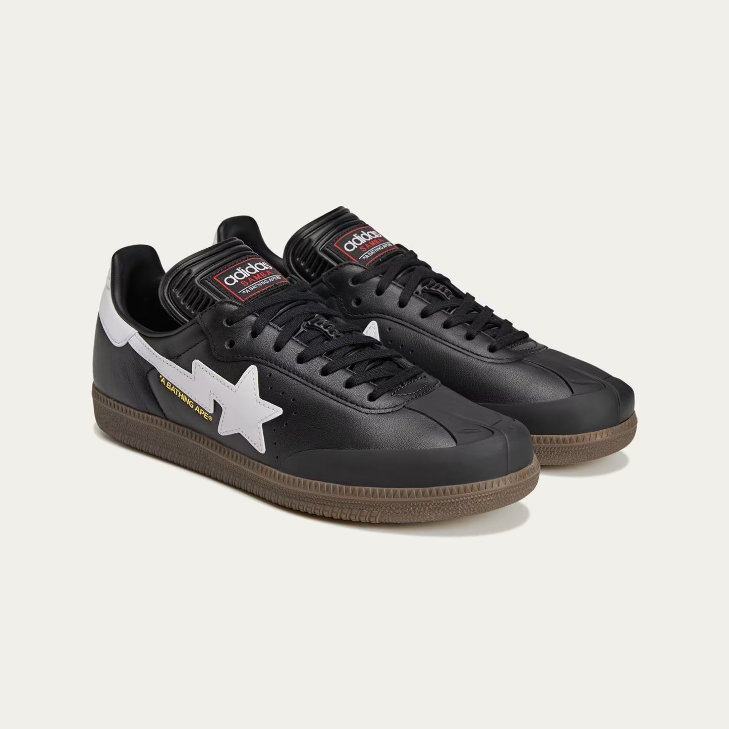 SAMBA BAPE SHOES - BLACK LEATHER WITH BOLD STAR LOGO AND GUM SOLE