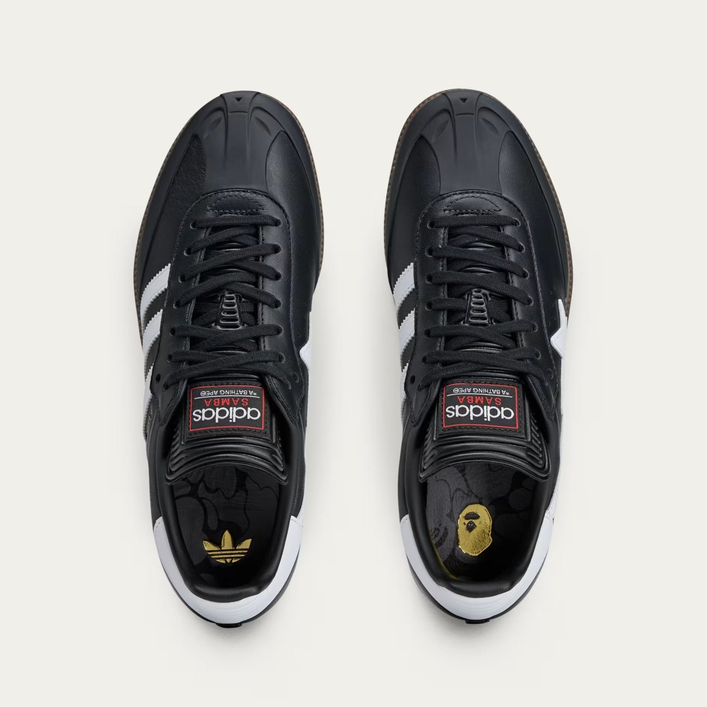 SAMBA BAPE SHOES - BLACK LEATHER WITH BOLD STAR LOGO AND GUM SOLE