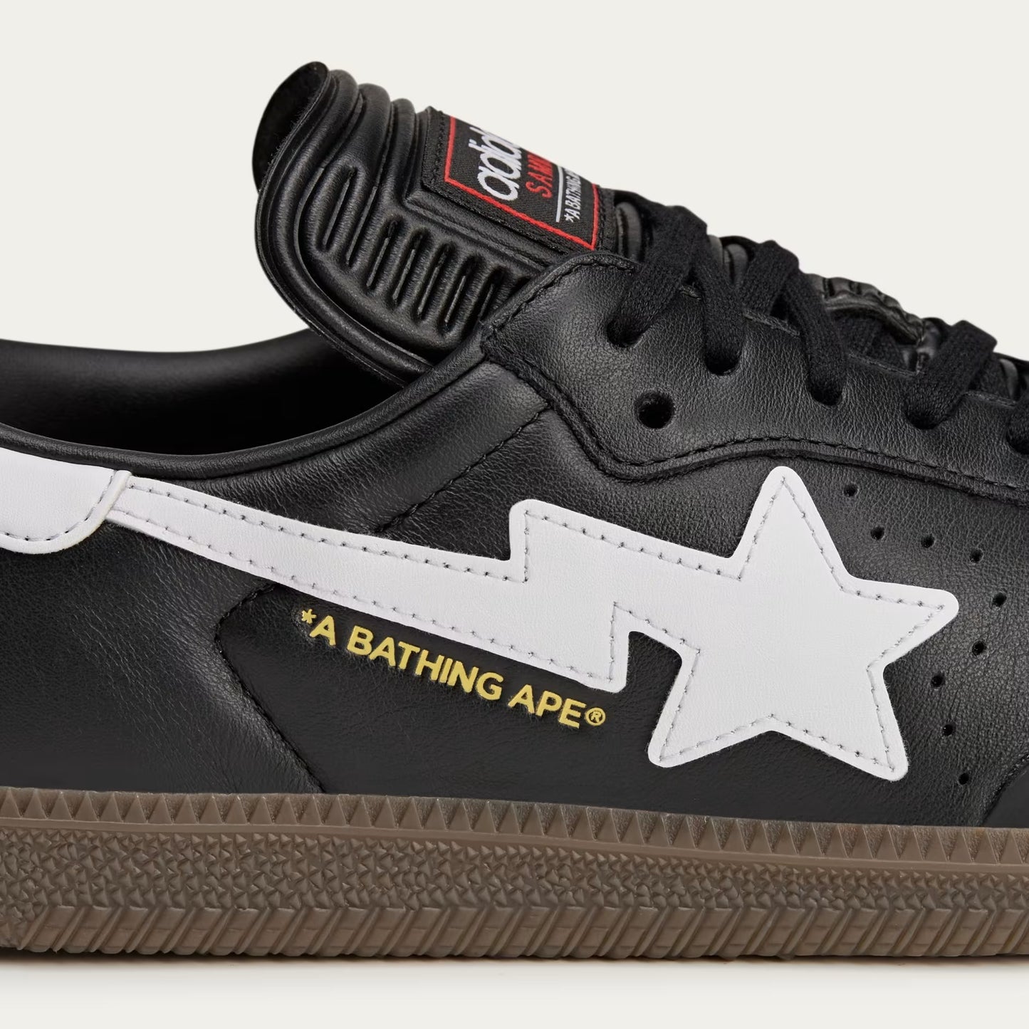 SAMBA BAPE SHOES - BLACK LEATHER WITH BOLD STAR LOGO AND GUM SOLE