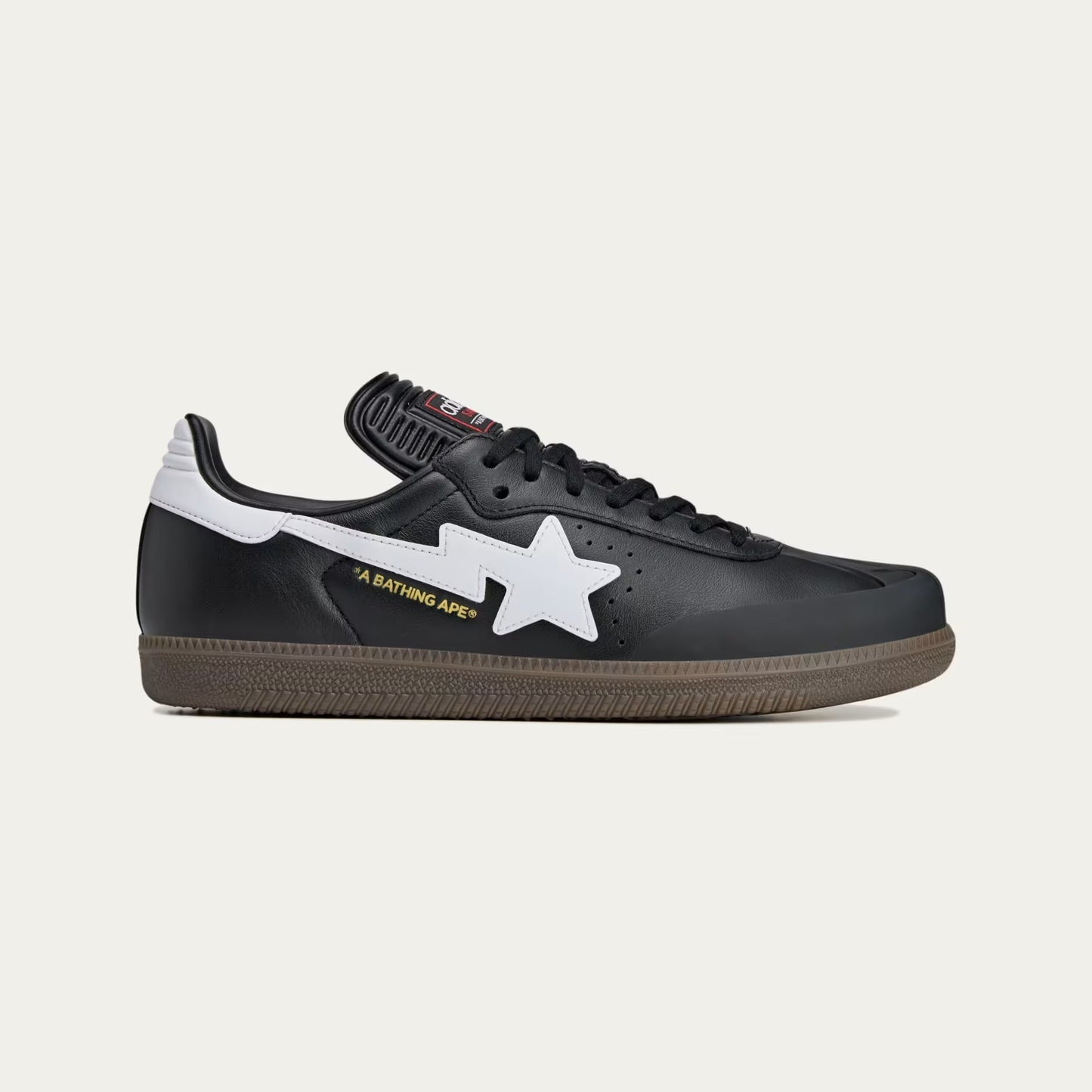 SAMBA BAPE SHOES - BLACK LEATHER WITH BOLD STAR LOGO AND GUM SOLE