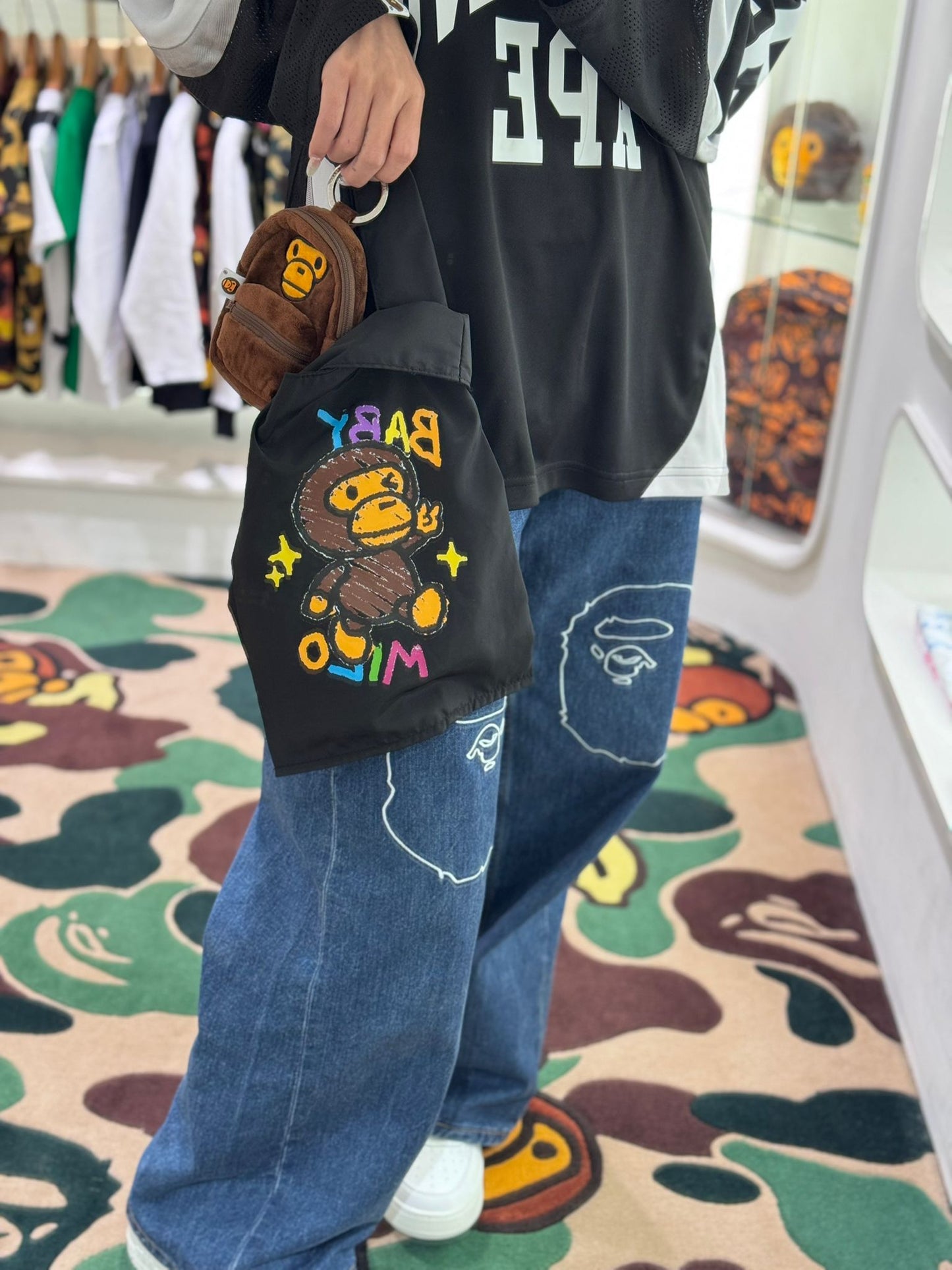 BABY MILO KEYCHAIN ECO RECYCLE TOTE BAG CRAYON STYLE GRAPHIC BLACK