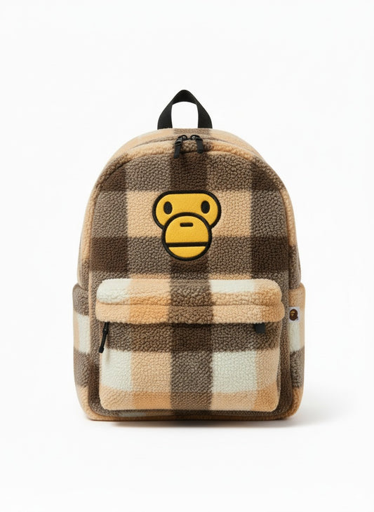 BABY MILO CHECKED PATTERN SHERPA FLEECE LARGE BACKPACK - BROWN AND BEIGE